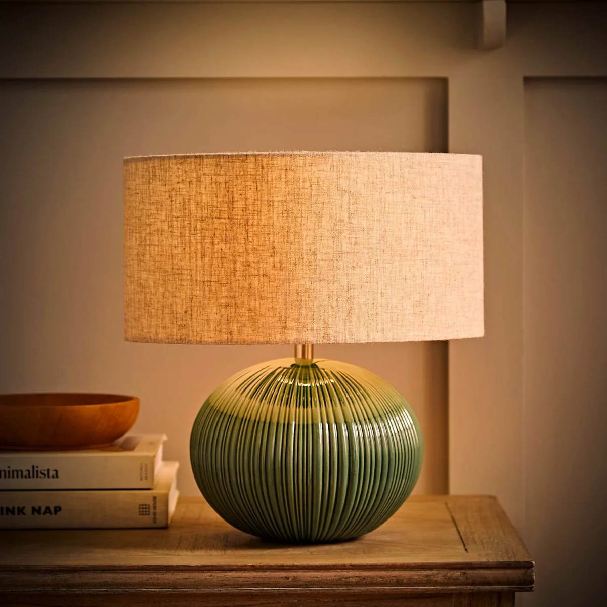 Rebecca Ribbed Ceramic Table Lamp with Linen Shade - Green / 1.51kg – image 2