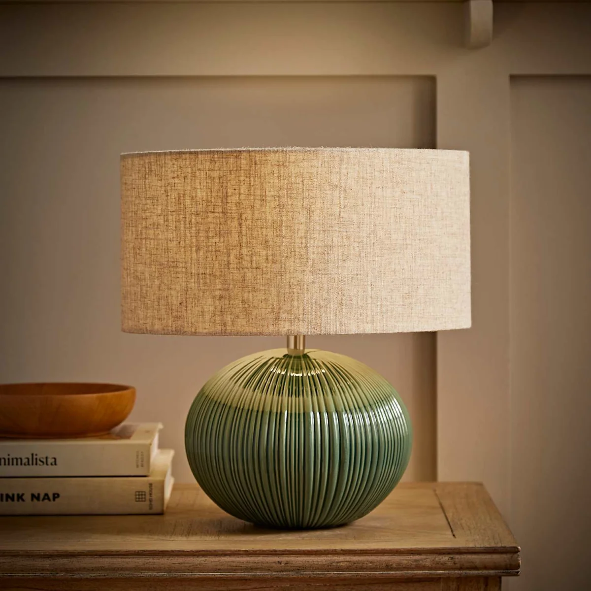 Rebecca Ribbed Ceramic Table Lamp with Linen Shade - Green / 1.51kg – image 4