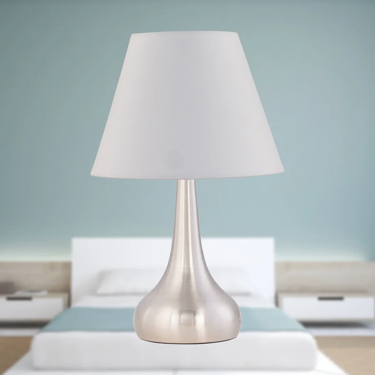 Set Of 2 Romana Brushed Chrome Touch Table Lamps With Ivory Shades - Satin Nickel & White – image 4