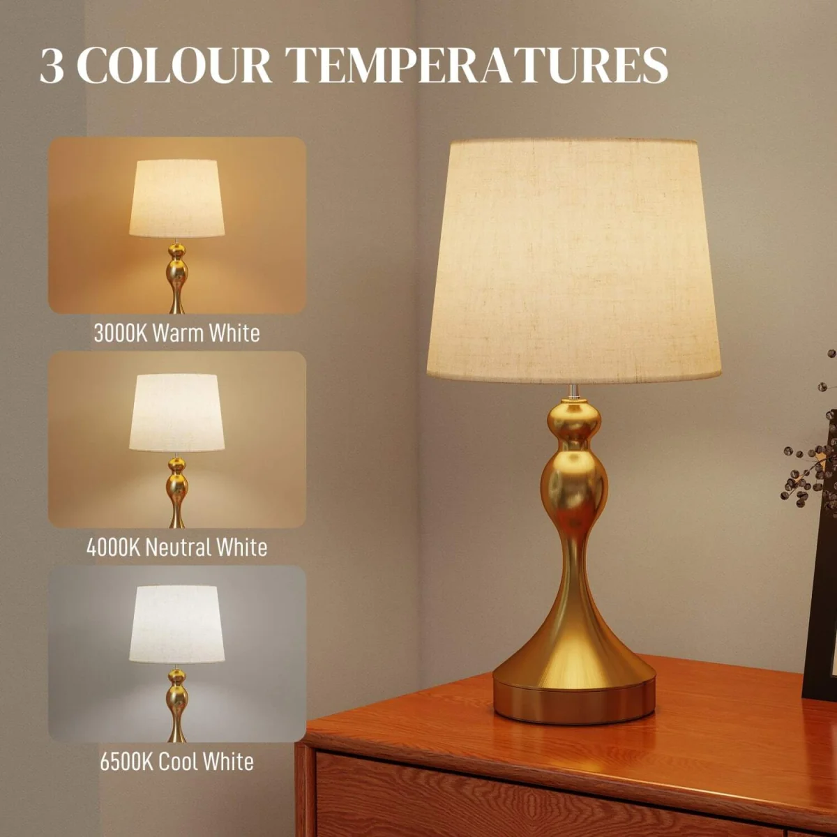 Rino Set of 2 Gold Tone Bedside Lamps with Linen Shades and USB-C/USB-A Charging – image 5
