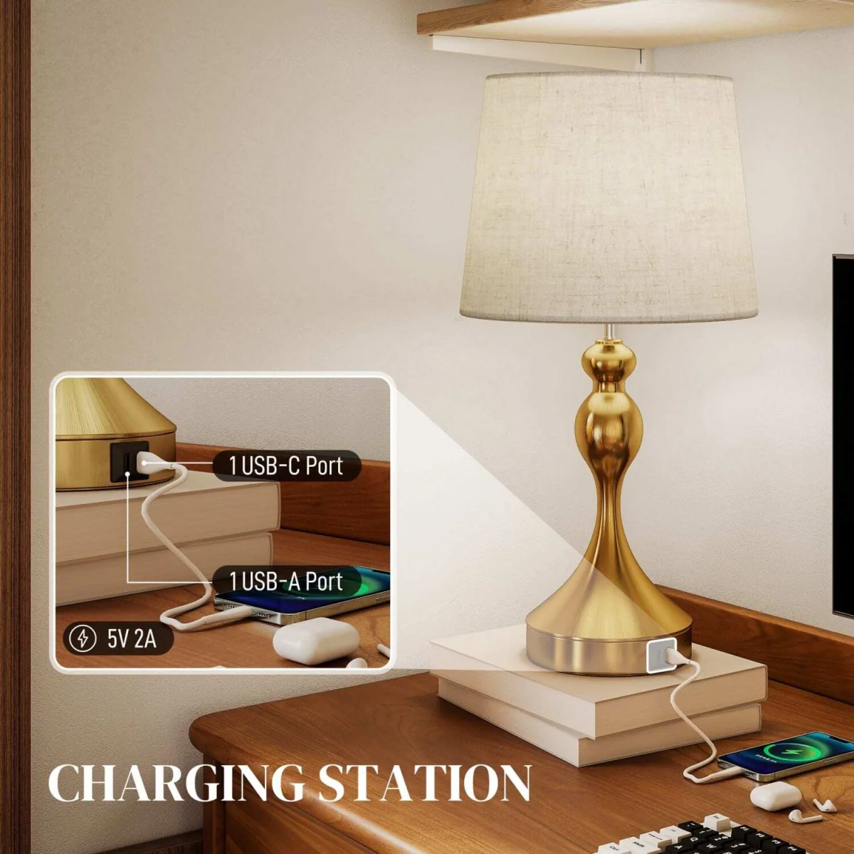 Rino Set of 2 Gold Tone Bedside Lamps with Linen Shades and USB-C/USB-A Charging – image 6