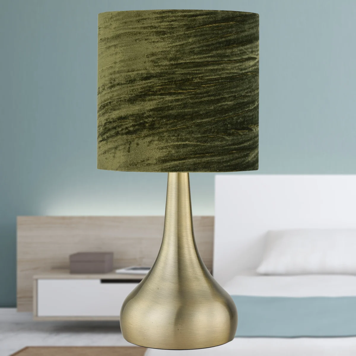 Set Of 2 Romana Antique Brass Touch Table Lamps Green Crushed Velvet - Antique Brass & Dark Green – image 5
