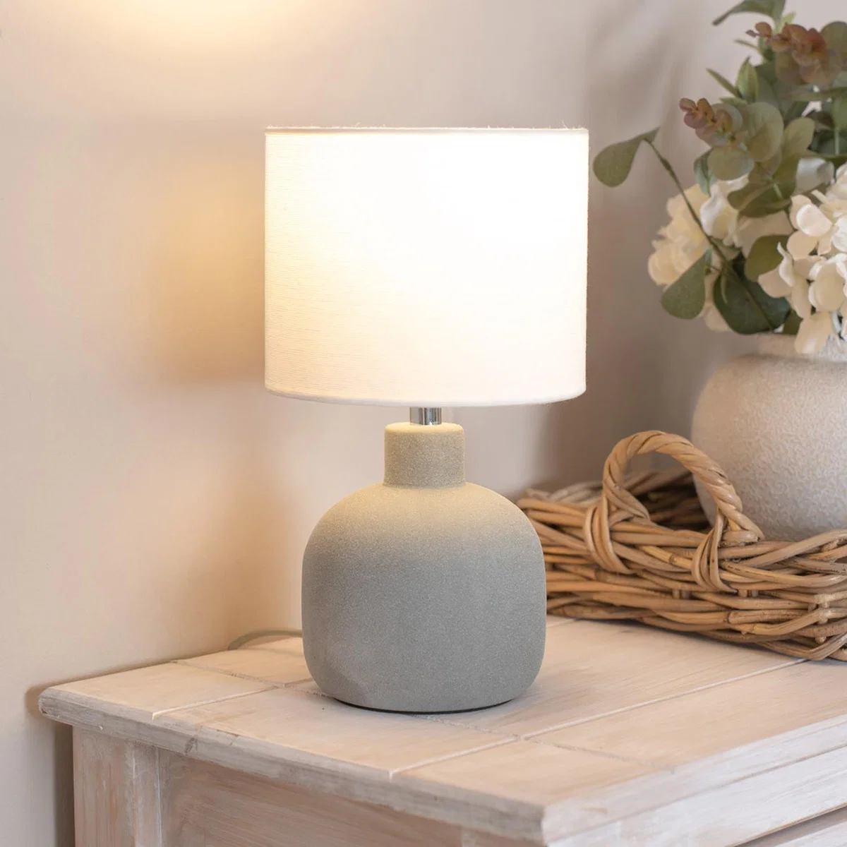 Chelsea Sandblast Ceramic Table Lamp with Linen Drum Shade and LED Bulb - Grey
