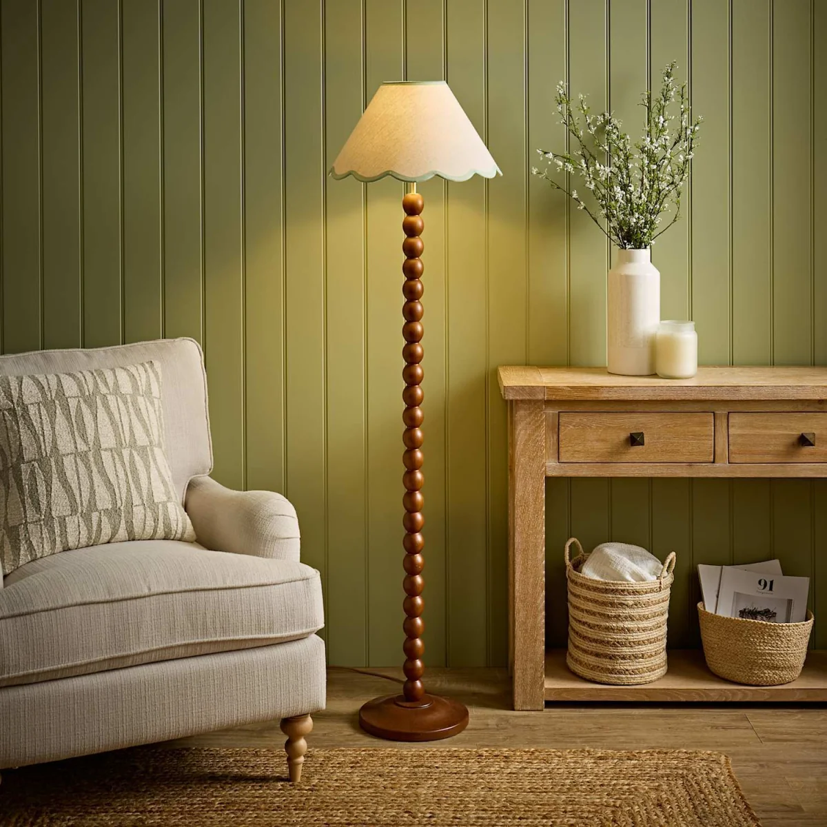 Bobbin Colour Trim Linen Shade Bobble Floor Lamp - Walnut Green Trim / No - Walnut – image 3