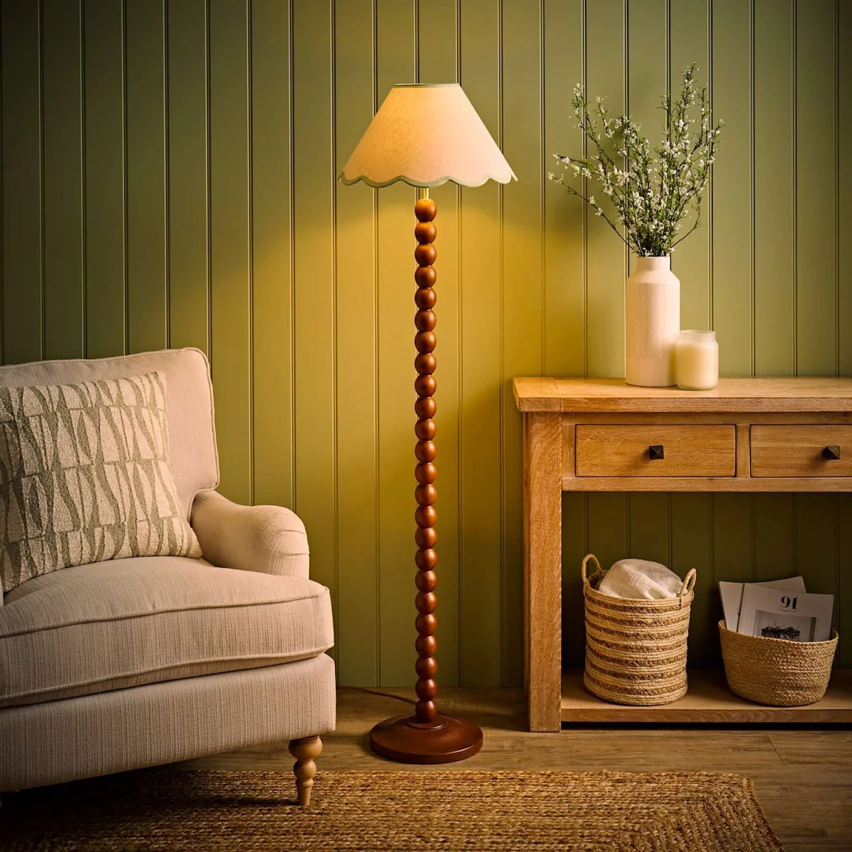 Bobbin Colour Trim Linen Shade Bobble Floor Lamp - Walnut Green Trim / No - Walnut – image 4