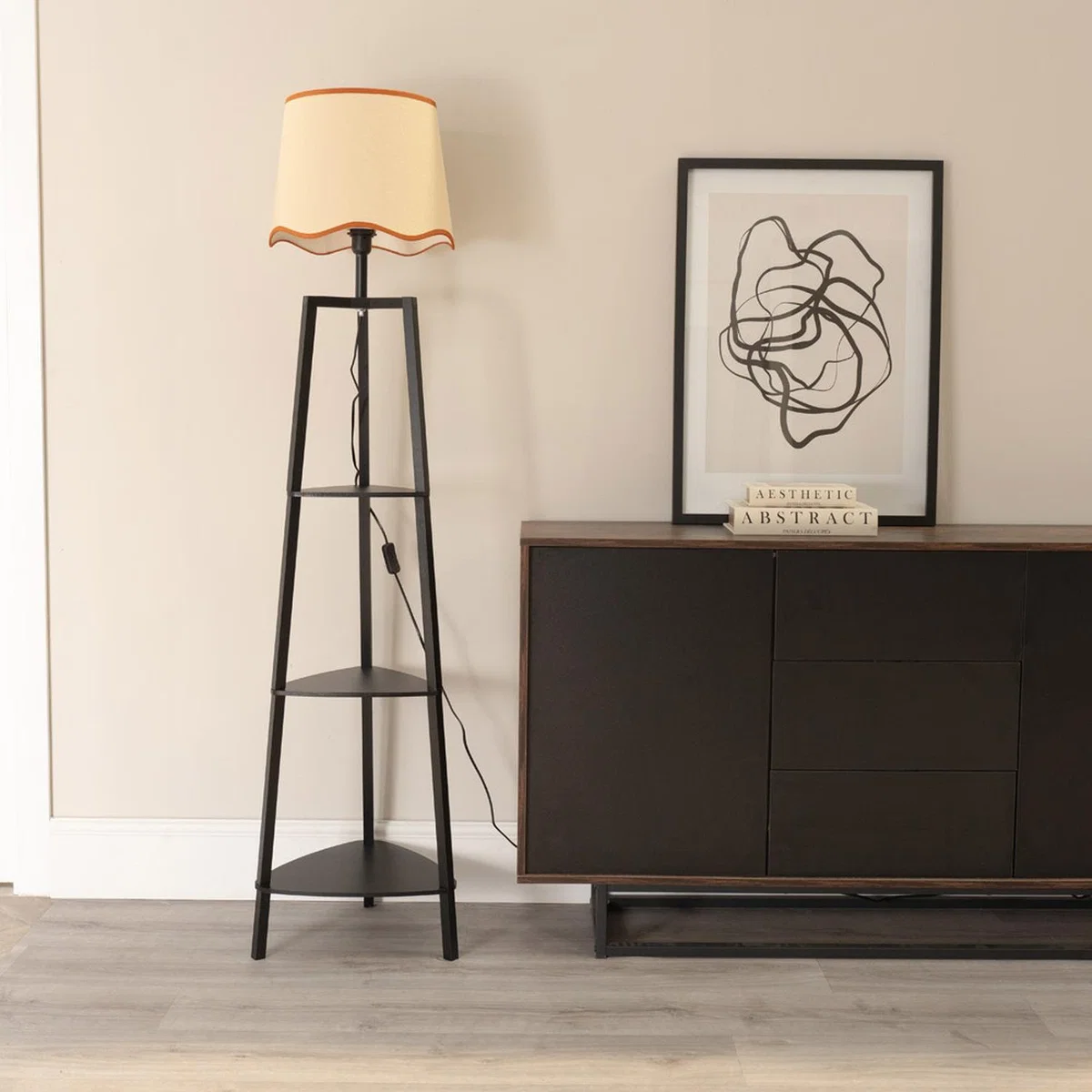 Hiru 3 Tier Shelf Floor Lamp with Scallop Tapered Shade - Rust / Without Bulb