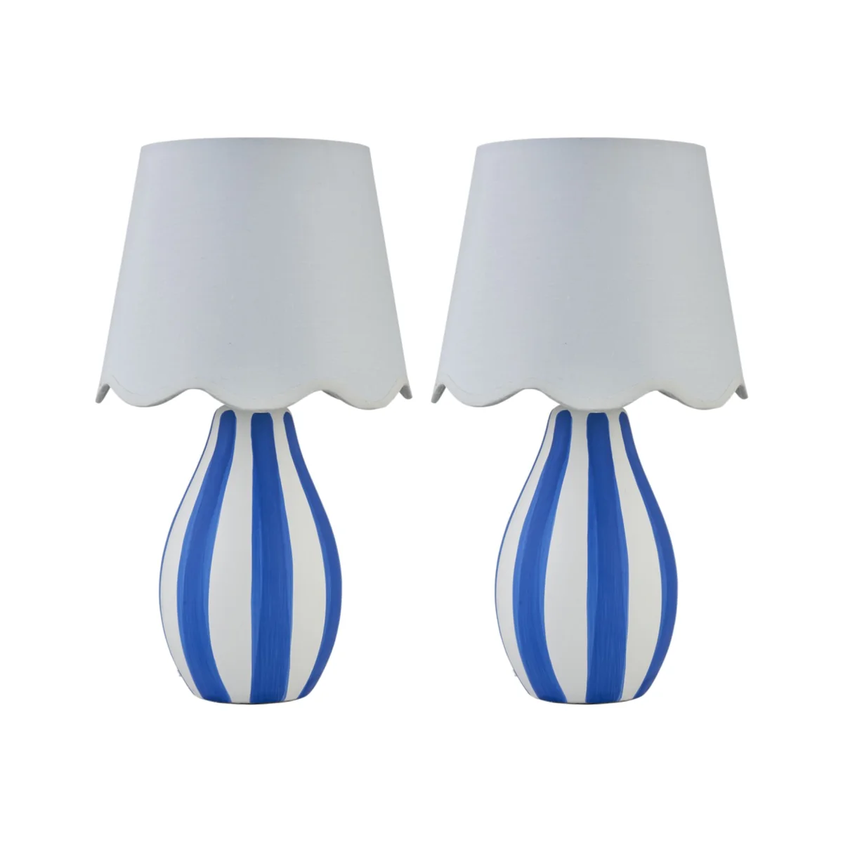 First Choice Lighting Set Of 2 Connie Table Lamp With Shades - White & Blue Striped Glaze And White Cotton – image 1