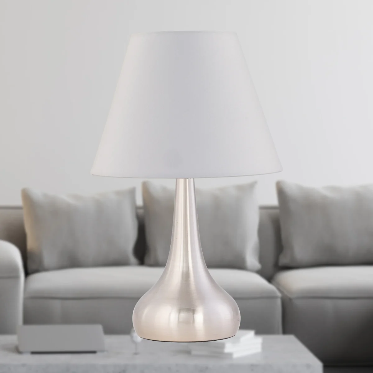 Romana Brushed Chrome Touch Operated Table Lamp With Ivory Shade - Satin Nickel & White – image 2