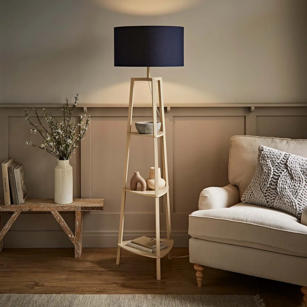 Hiru Cream 3 Tier Shelf Floor Lamp with Drum Shade - Navy Blue / 3.1kg – image 3