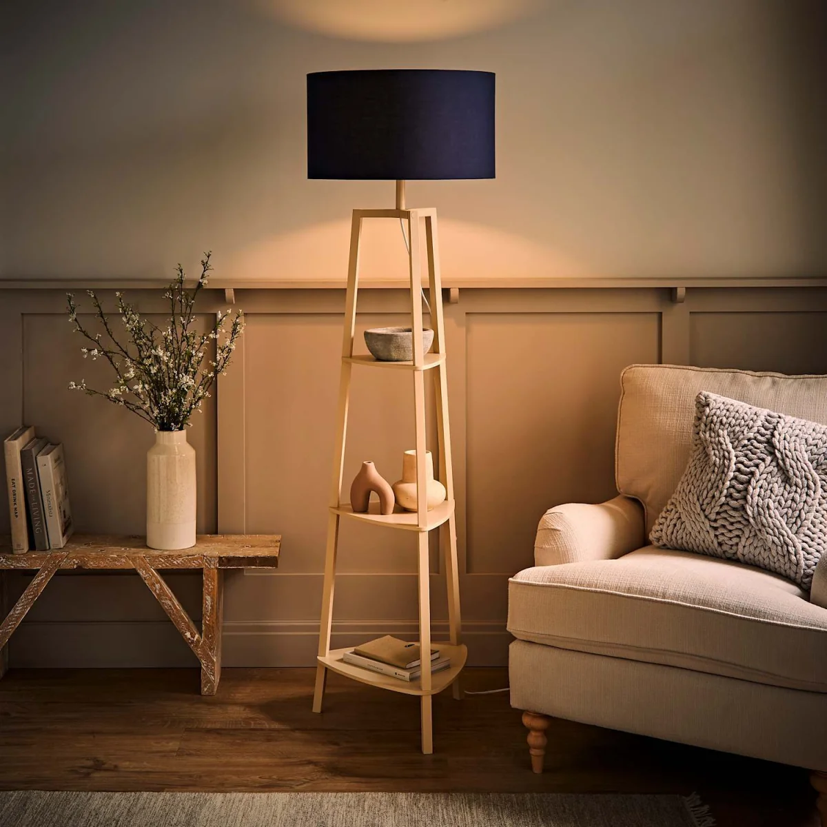 Hiru Cream 3 Tier Shelf Floor Lamp with Drum Shade - Navy Blue / 3.1kg – image 4