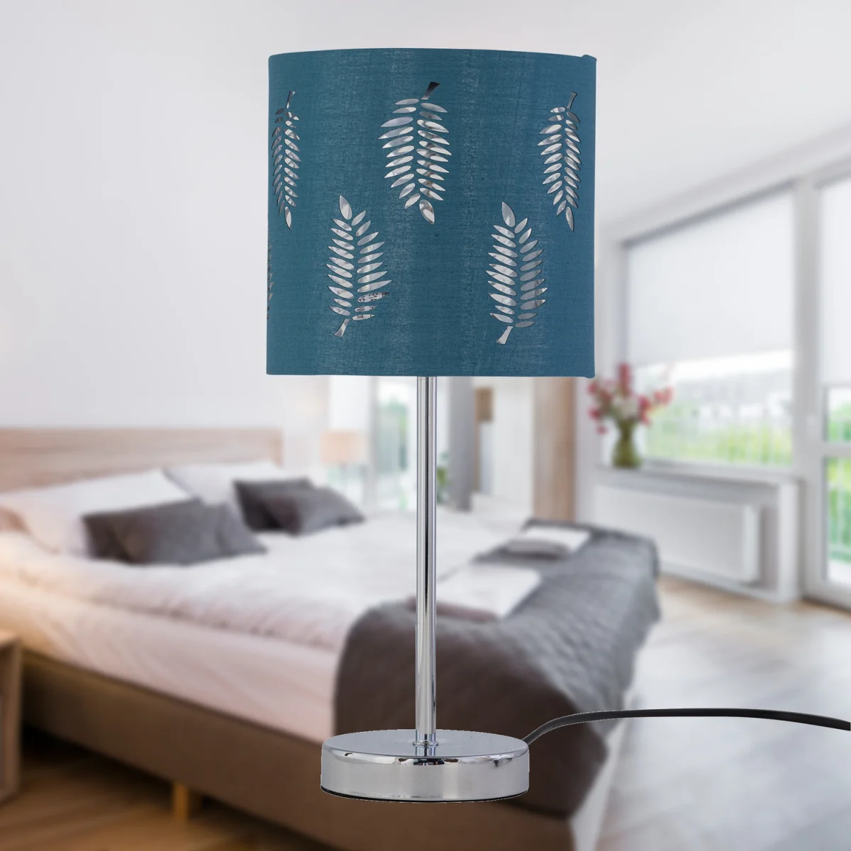 Chrome Stick Table Lamp With Teal Fern Cut Out Shade - Chrome & Teal – image 8