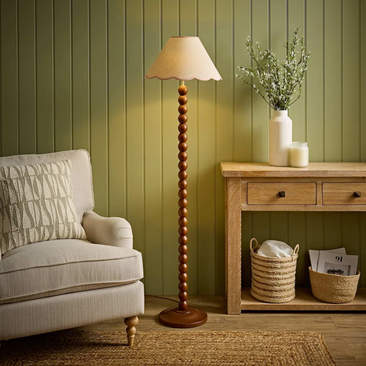 Bobbin Walnut Floor Lamp Linen Trim Shade Bobble Floor Lamp - Pink Trim / No - Walnut – image 4