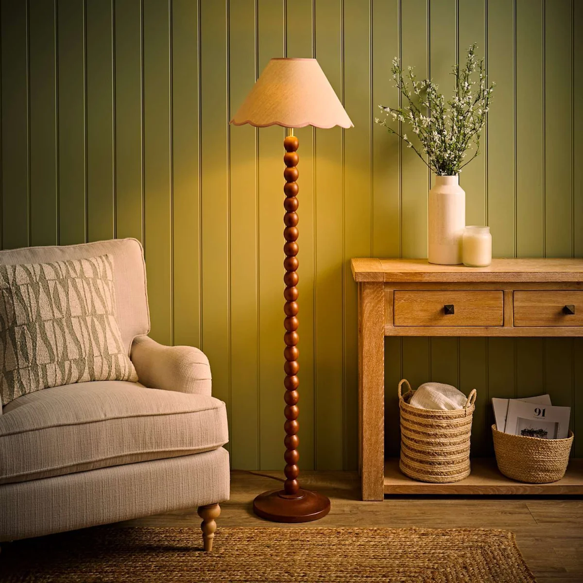 Bobbin Walnut Floor Lamp Linen Trim Shade Bobble Floor Lamp - Pink Trim / No - Walnut – image 5