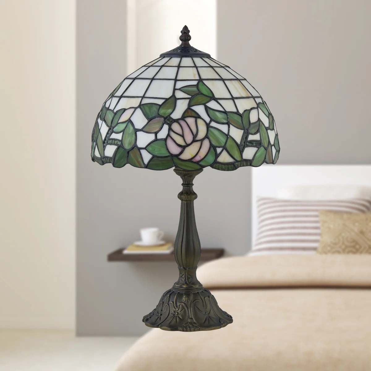 Trent Table Lamp With Shade - Antique Brass And Tiffany Decorated Glass – image 4