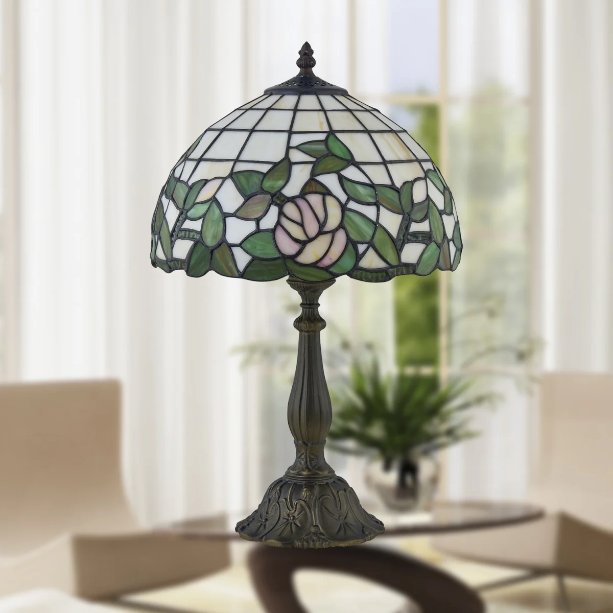 Trent Table Lamp With Shade - Antique Brass And Tiffany Decorated Glass – image 5