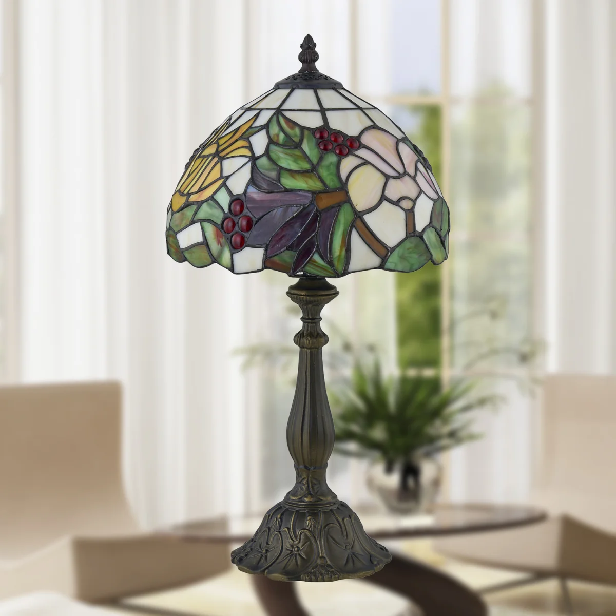 Burton Table Lamp With Shade - Antique Brass And Tiffany Decorated Glass – image 6