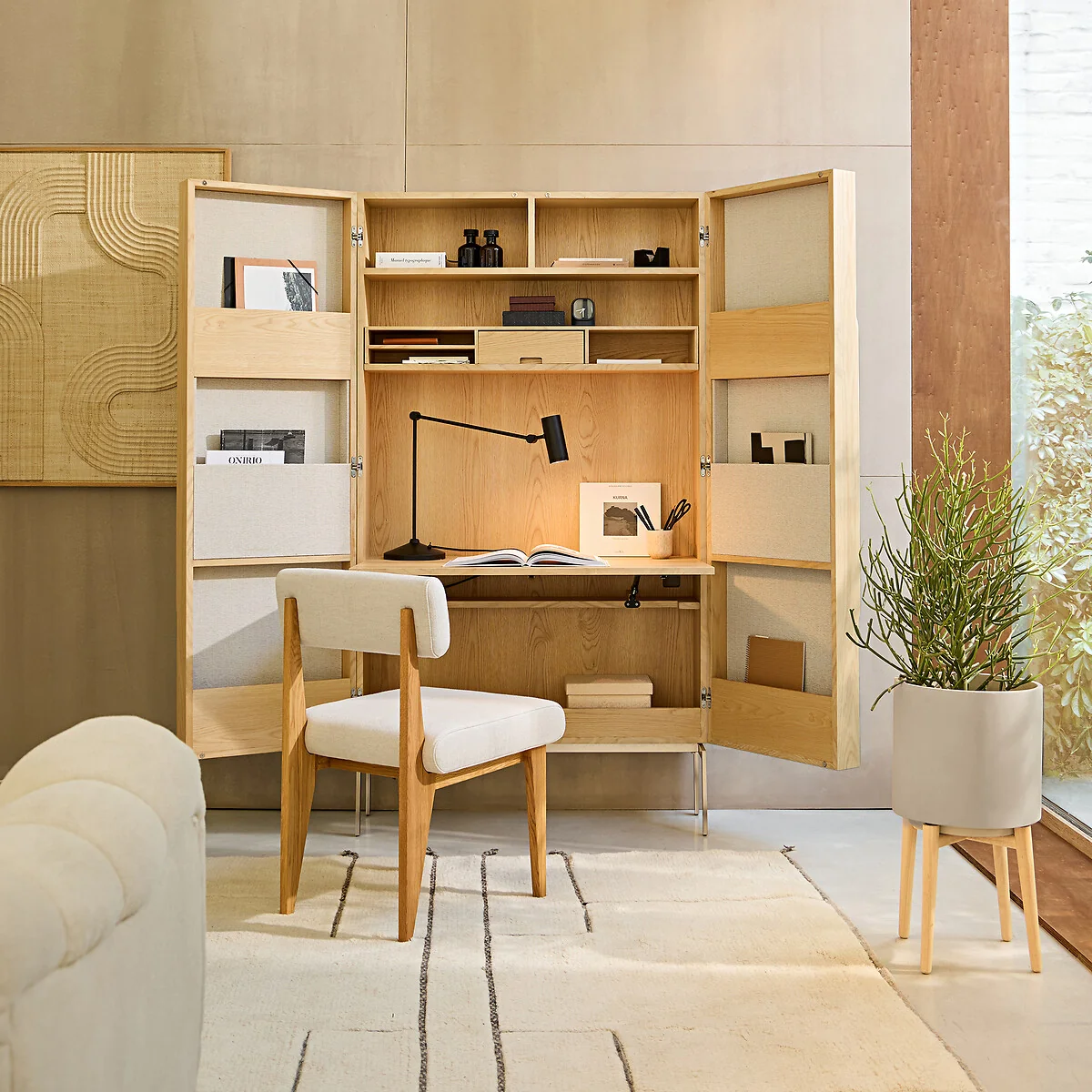 Omid Cabinet Desk with Oak Veneer and Textured Fabric – image 2