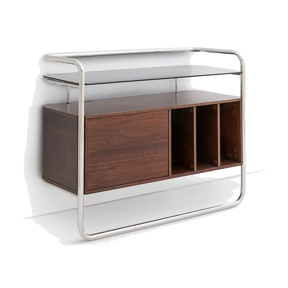 Giorgio Chrome-Plated Steel and Walnut Veneered MDF Vinyl Record Unit with 1-Door Cupboard