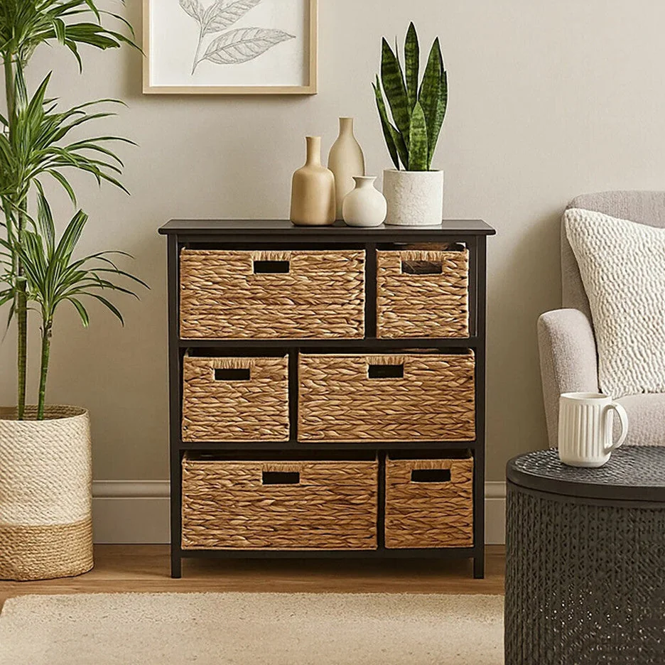 Padstow Black Wooden Storage Unit with 6 Water Hyacinth Drawers – image 1