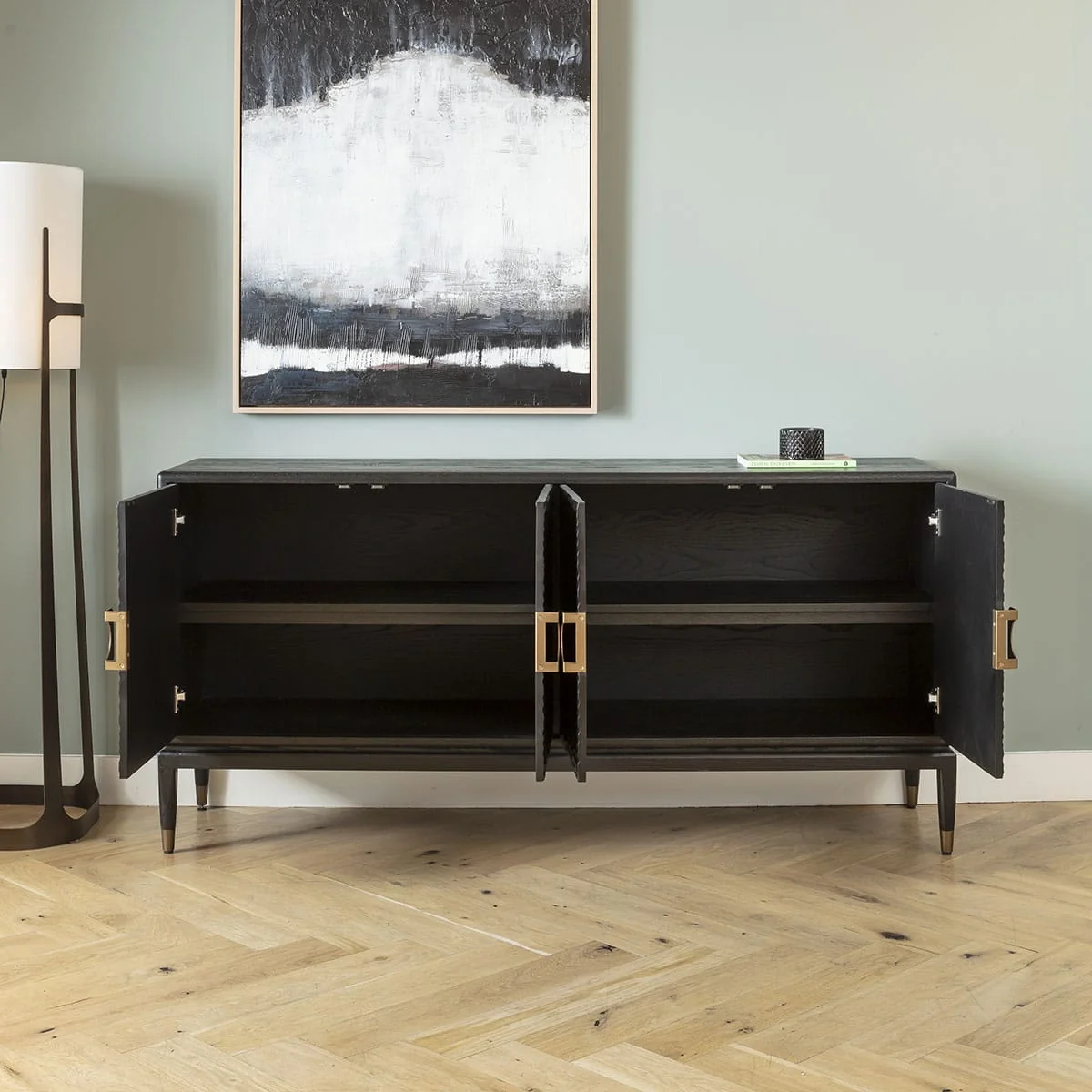 Modern Sideboard Buffet Cabinet Black Scalloped Oak Brass 180cm – image 5