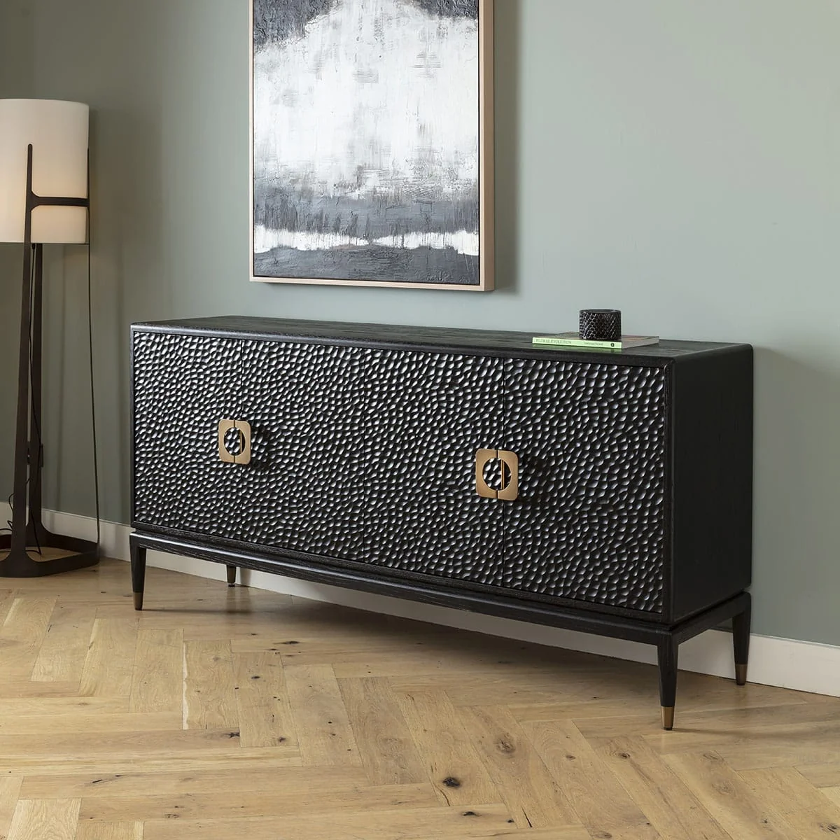 Modern Sideboard Buffet Cabinet Black Scalloped Oak Brass 180cm – image 6