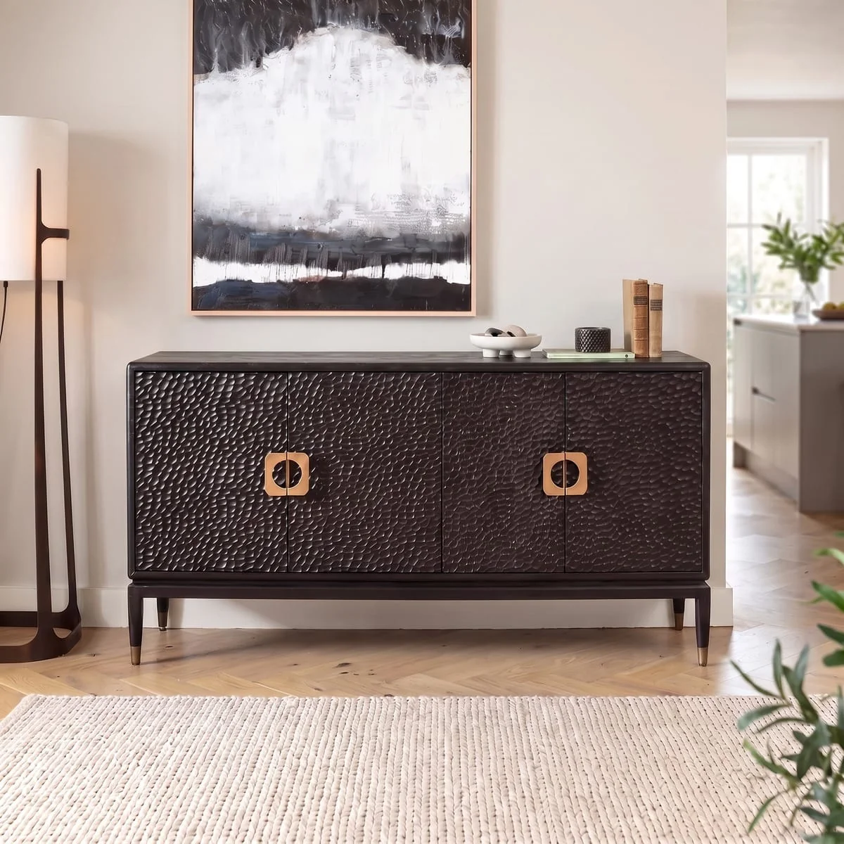 Modern Sideboard Buffet Cabinet Black Scalloped Oak Brass 180cm – image 1