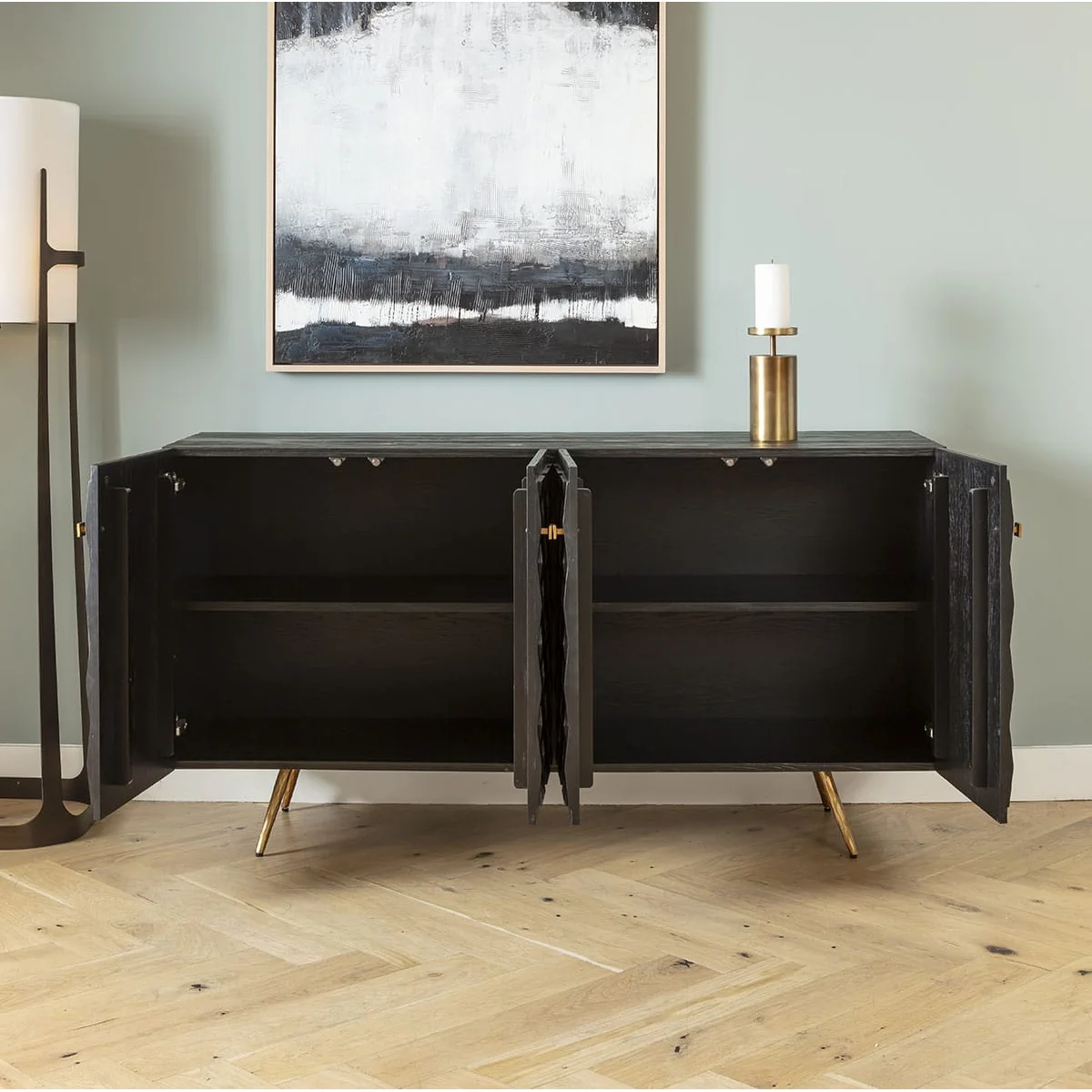 Modern Sideboard Buffet Cabinet Black Textured Wood Gold 160cm – image 5