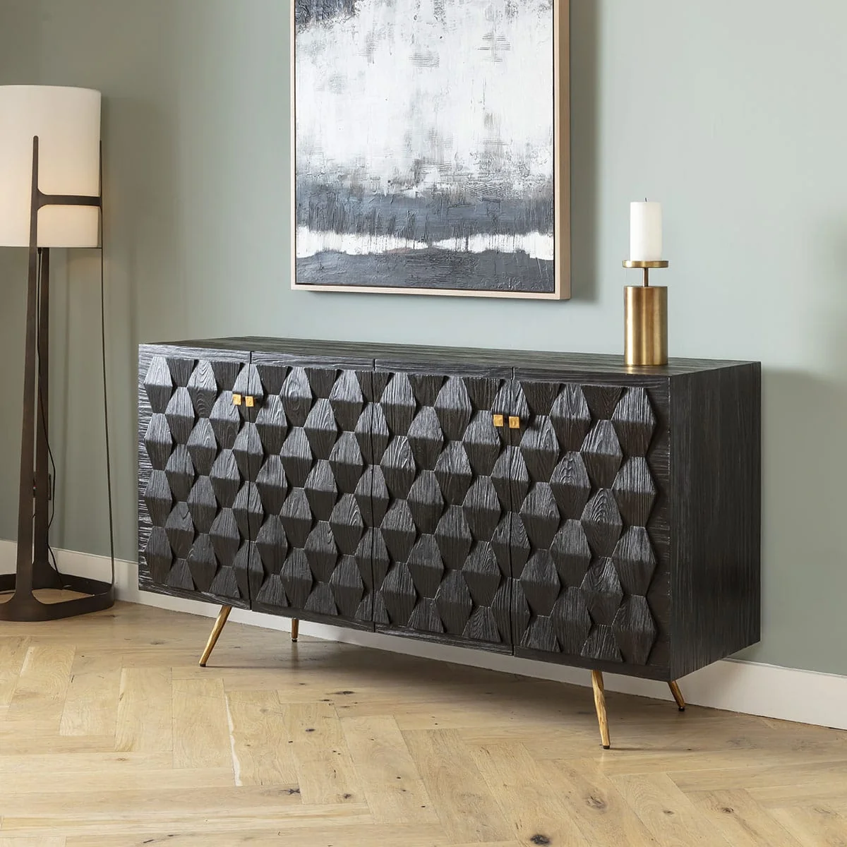 Modern Sideboard Buffet Cabinet Black Textured Wood Gold 160cm – image 6
