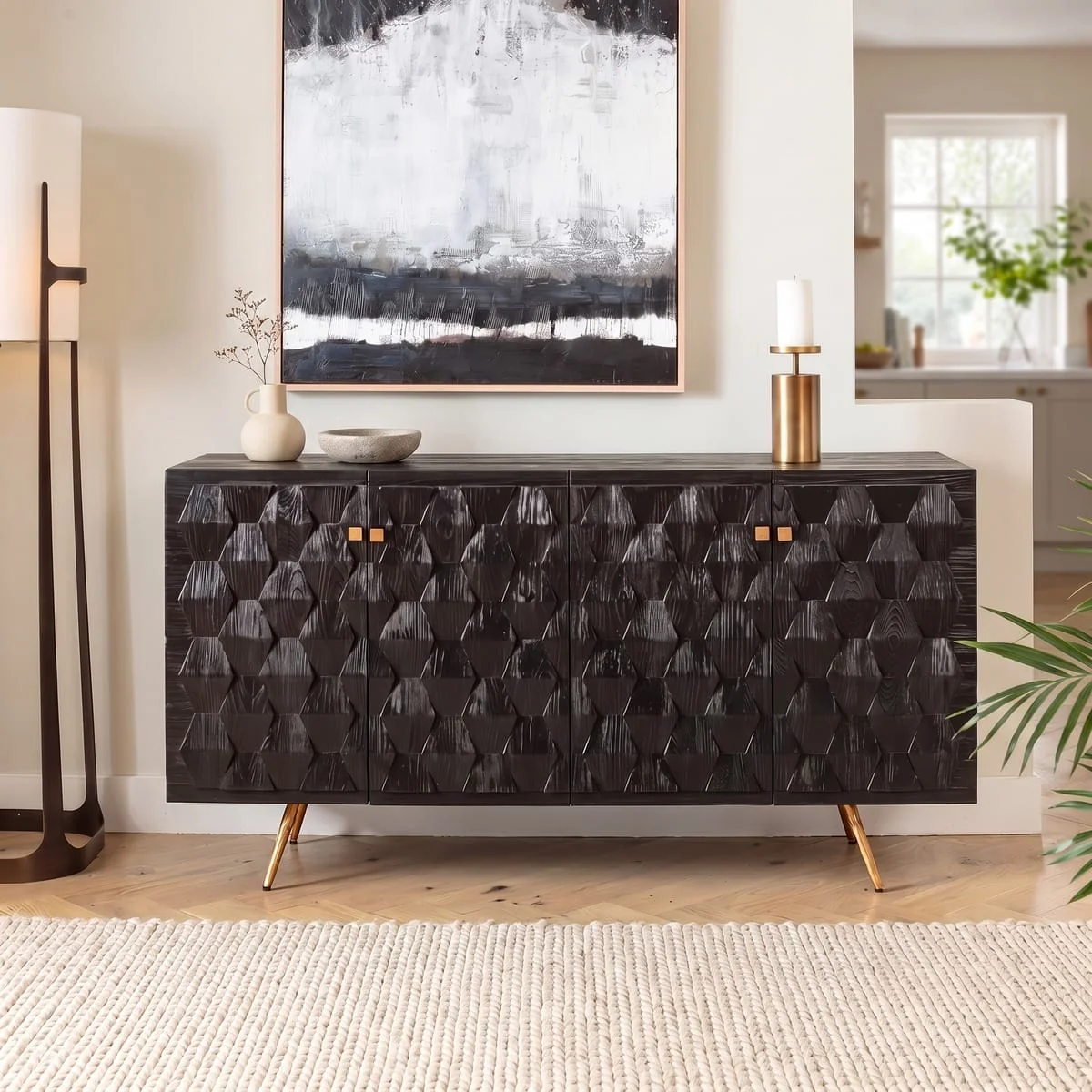 Modern Sideboard Buffet Cabinet Black Textured Wood Gold 160cm – image 1