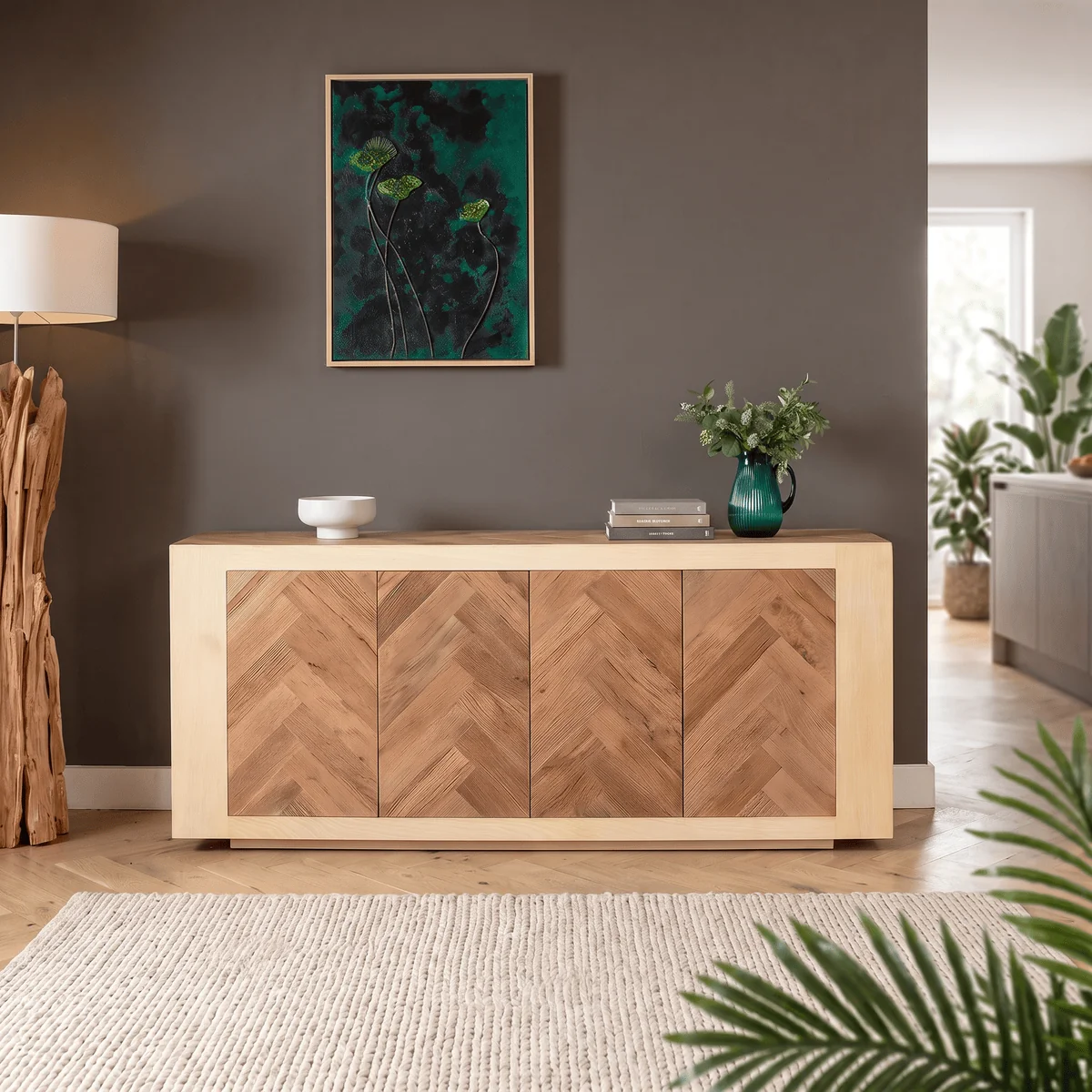 Parquet Herringbone Sideboard Buffet Cabinet Parquet Light Oak 190cm – image 1