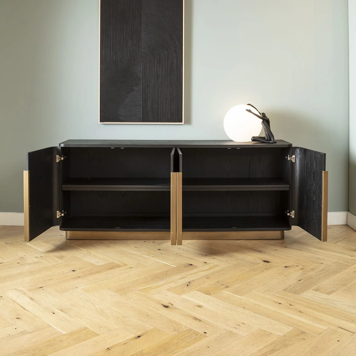 Large Modern Sideboard Buffet Cabinet Black Oak Brass 200cm – image 5