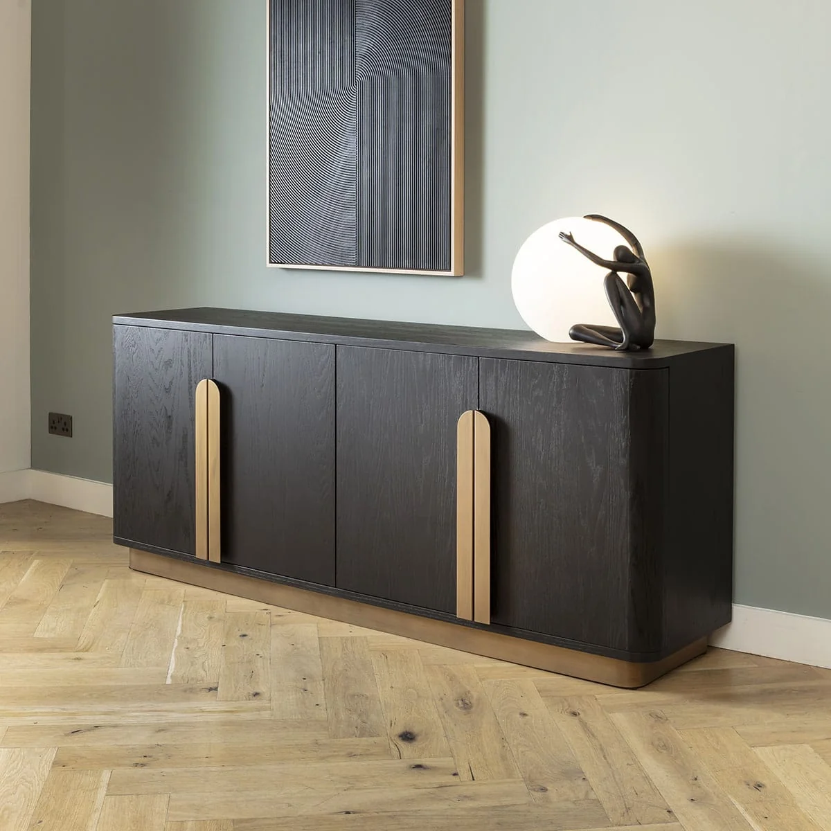 Large Modern Sideboard Buffet Cabinet Black Oak Brass 200cm – image 6
