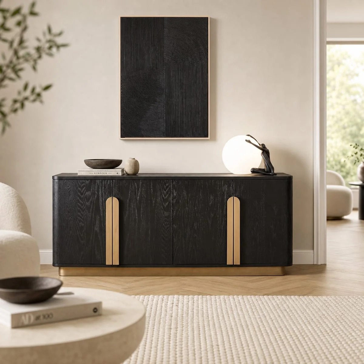 Large Modern Sideboard Buffet Cabinet Black Oak Brass 200cm – image 1