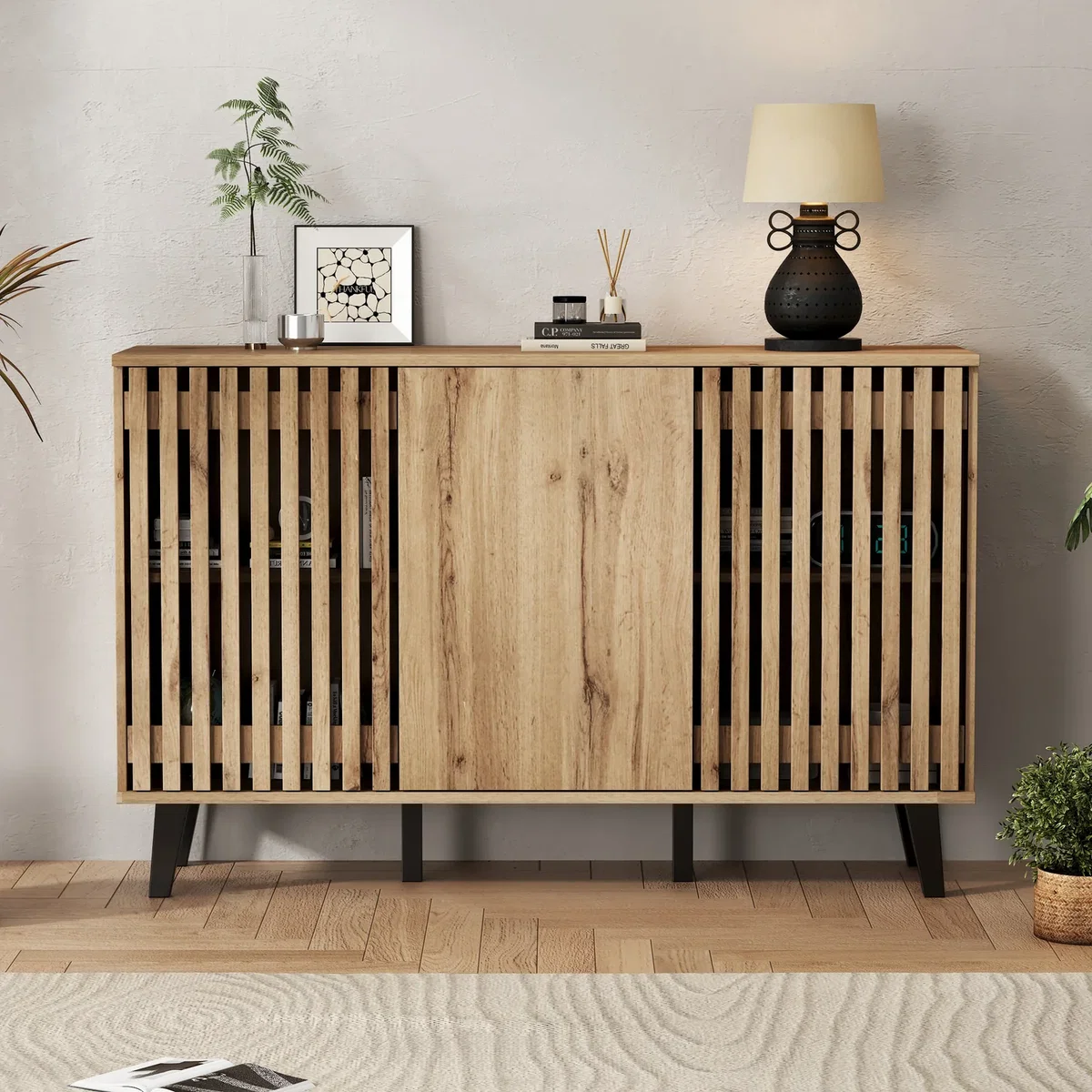 Modern Vintage Wood Storage Cabinet with 3 Doors, Unique Design - Wood – image 3