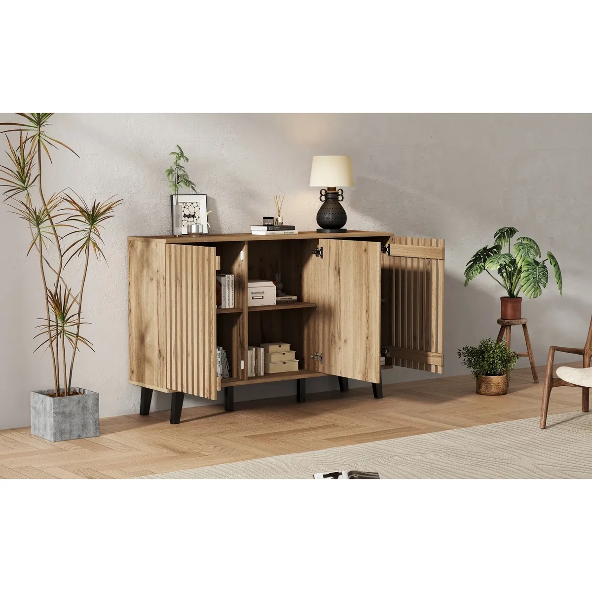 Modern Vintage Wood Storage Cabinet with 3 Doors, Unique Design - Wood – image 5