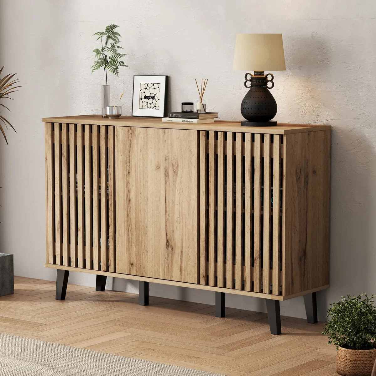 Modern Vintage Wood Storage Cabinet with 3 Doors, Unique Design - Wood – image 1