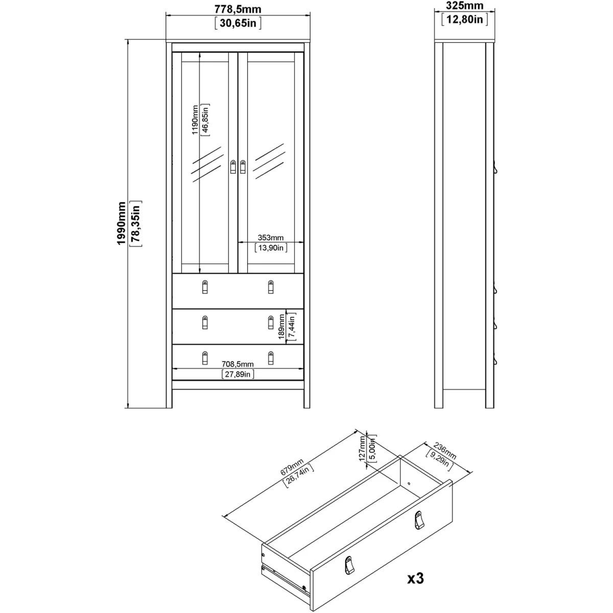 Barcelona China Cabinet 2 Glass Doors with 3 Drawers in Cashmere - Jackson Hickory – image 7