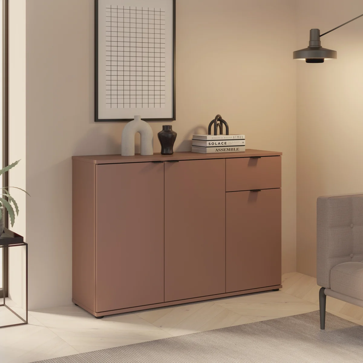Ganymede Wide 3 Door Cupboard with Drawer - Terracotta – image 2