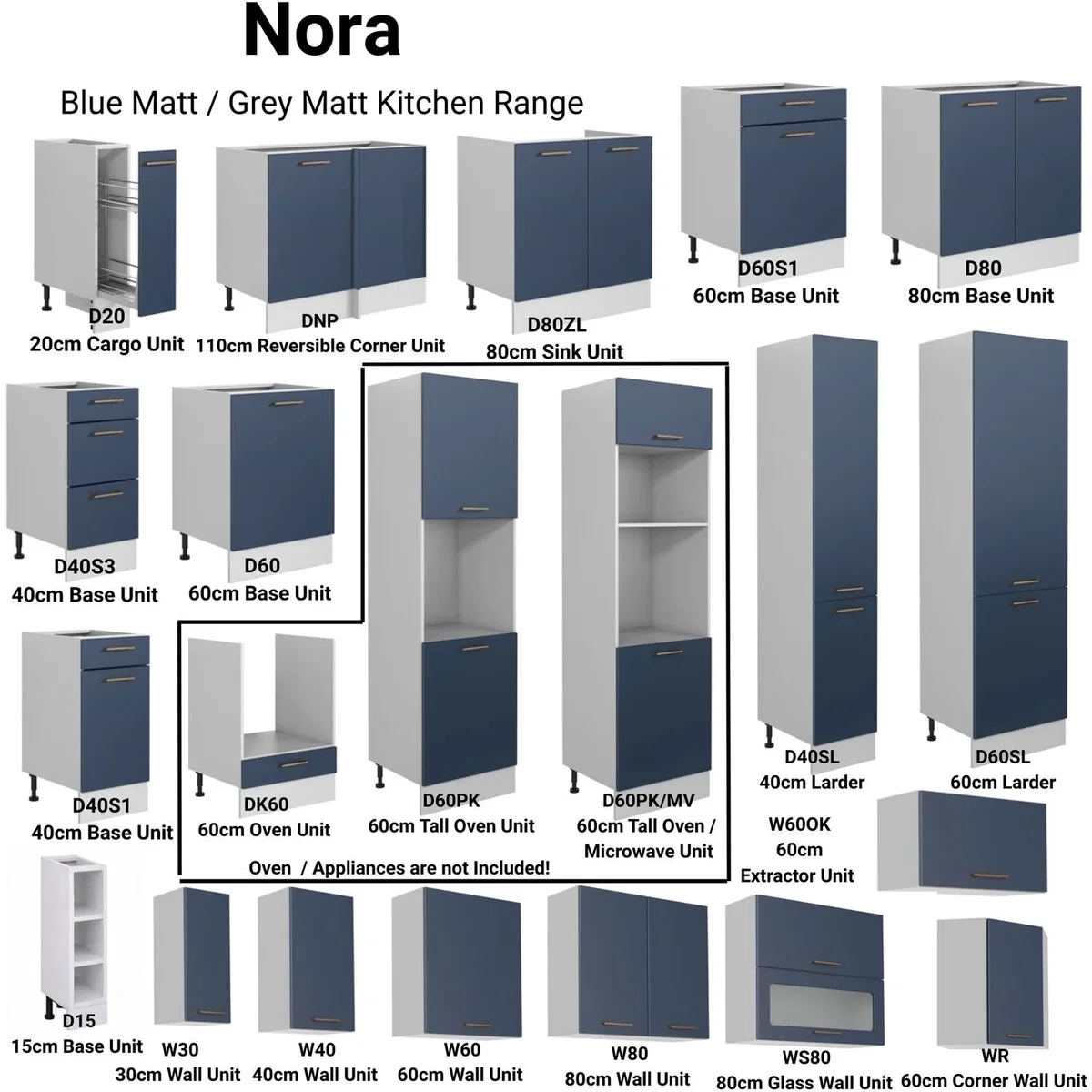 Nora 6-unit kitchen cabinet set in navy blue and light grey matt with oven housing, 180 cm wide. - Navy Blue and Grey Matt – image 2