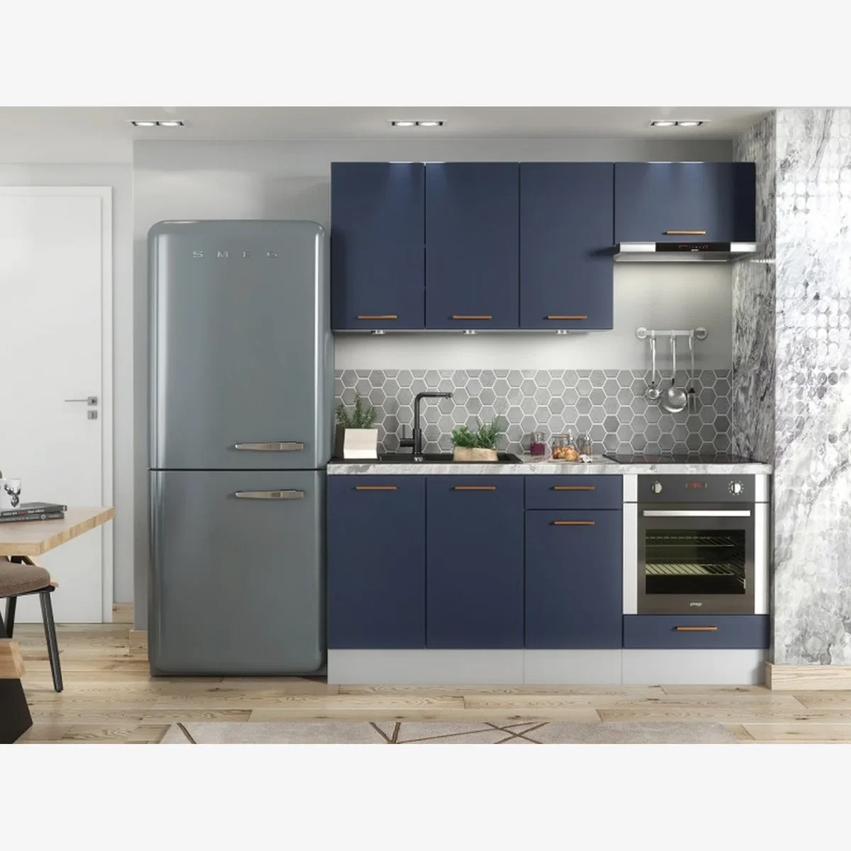 Nora 6-unit kitchen cabinet set in navy blue and light grey matt with oven housing, 180 cm wide. - Navy Blue and Grey Matt – image 1