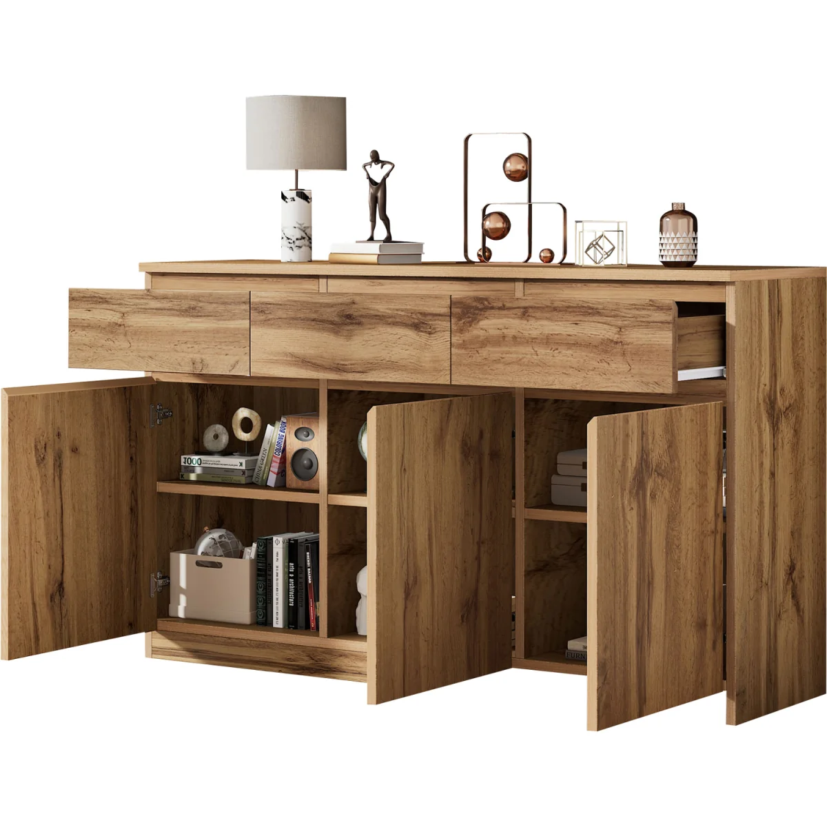 Buffet Cabinet with 3 Drawers, 3 Doors and Adjustable Shelves, Oak - Oak – image 2