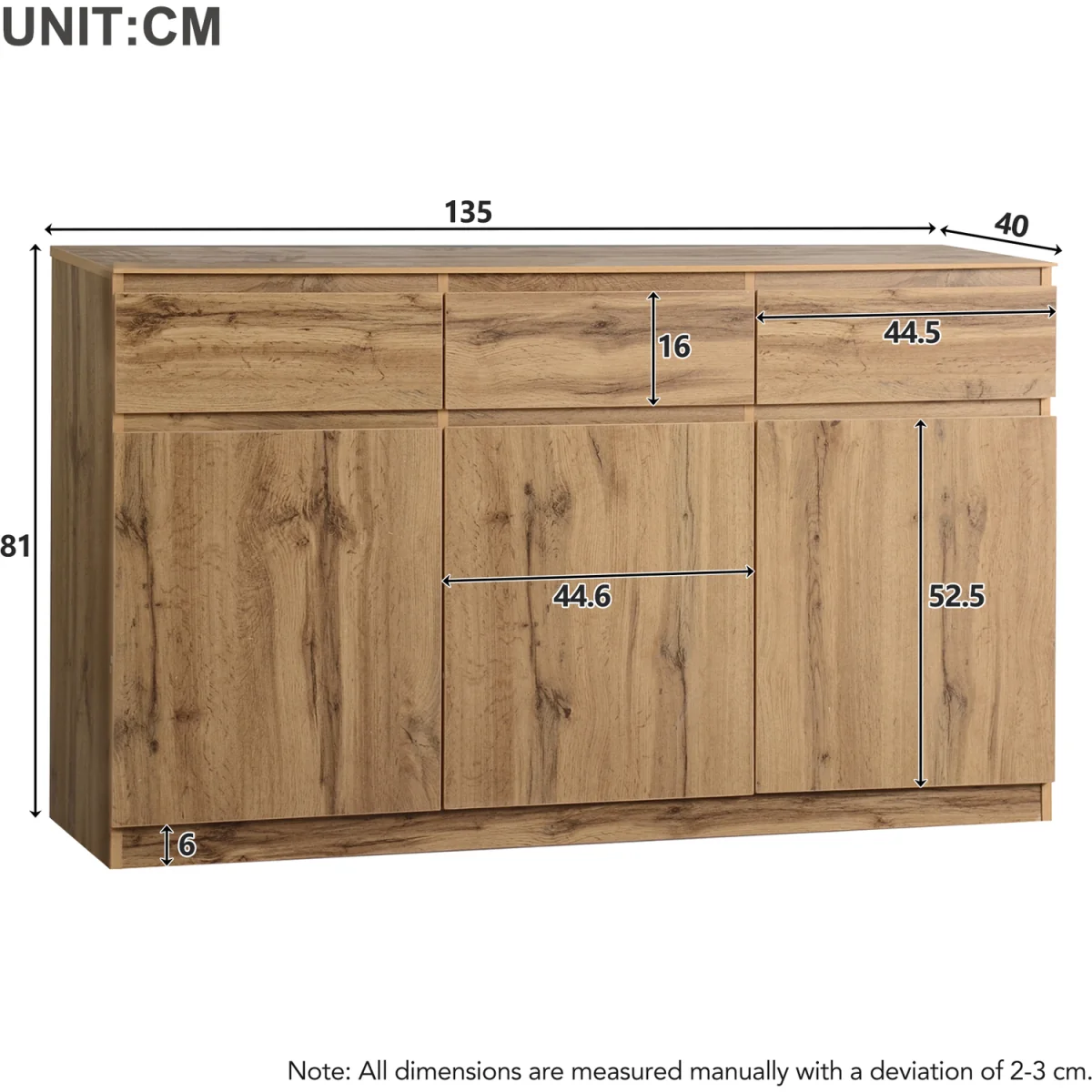 Buffet Cabinet with 3 Drawers, 3 Doors and Adjustable Shelves, Oak - Oak – image 5