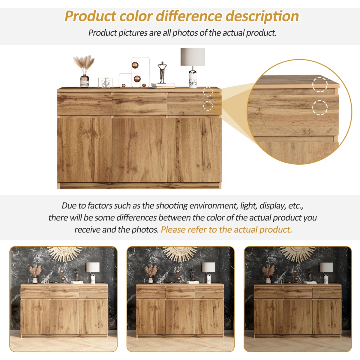 Buffet Cabinet with 3 Drawers, 3 Doors and Adjustable Shelves, Oak - Oak – image 6