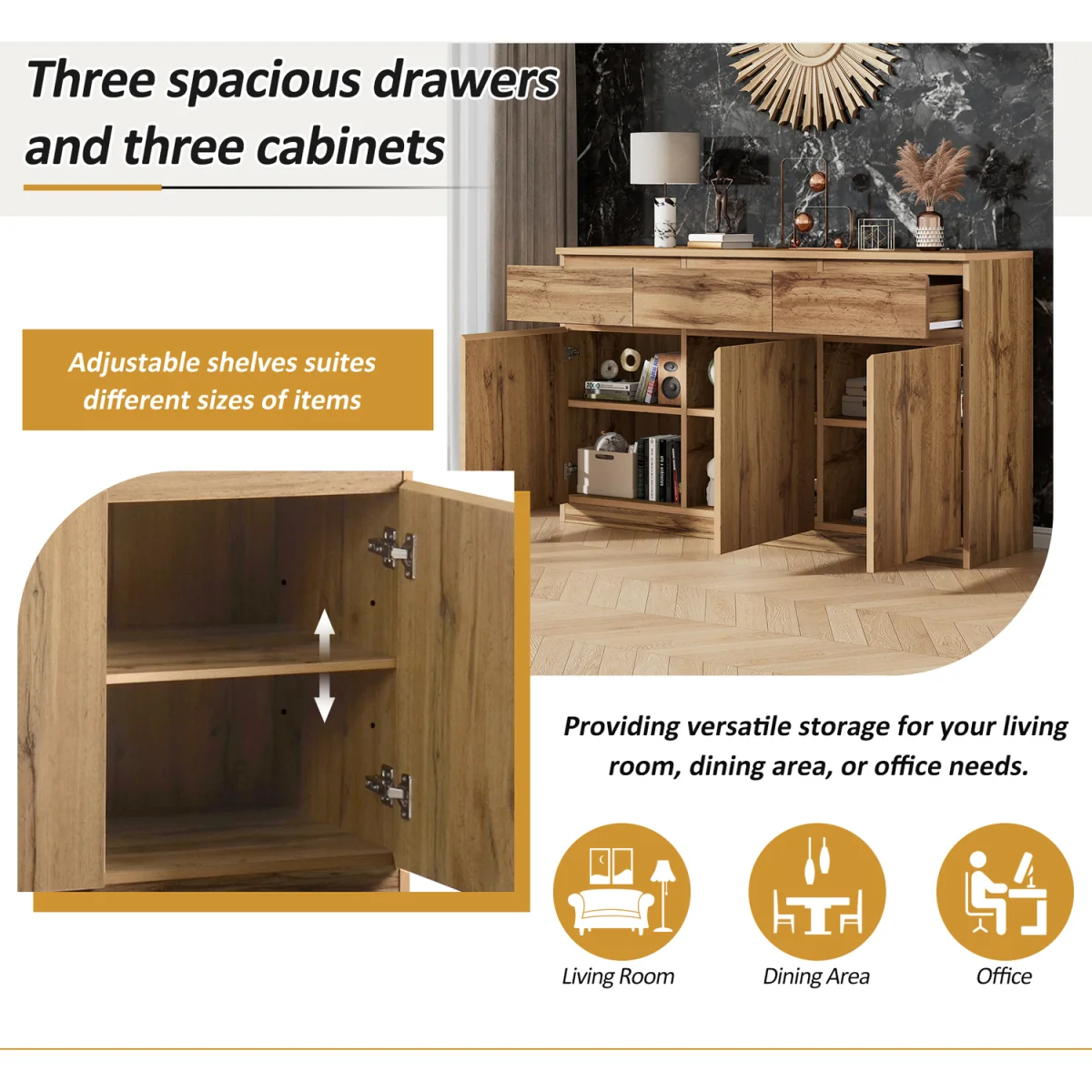 Buffet Cabinet with 3 Drawers, 3 Doors and Adjustable Shelves, Oak - Oak – image 8