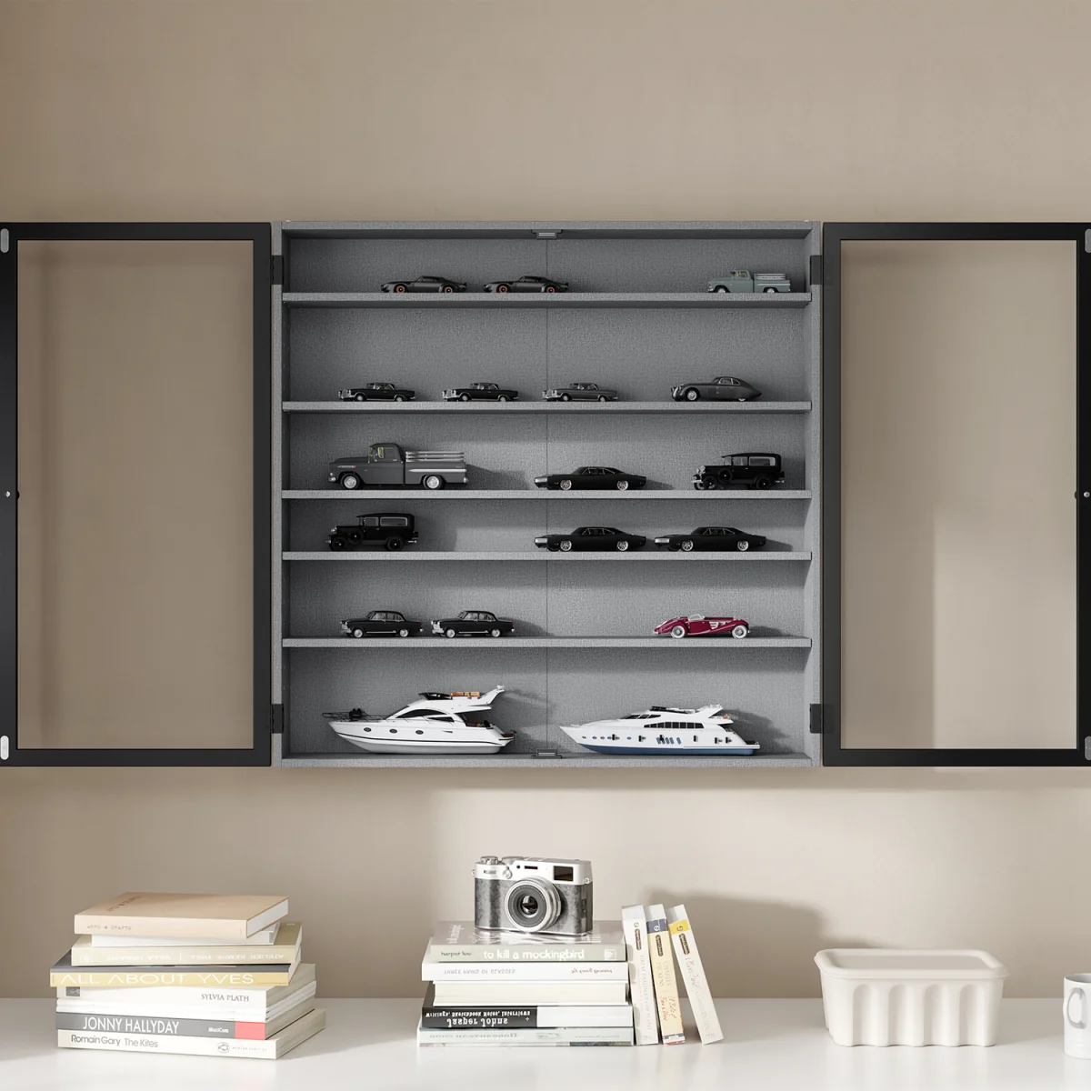 Wall Cabinet with Glass Doors and 5 Shelves - Gray – image 18