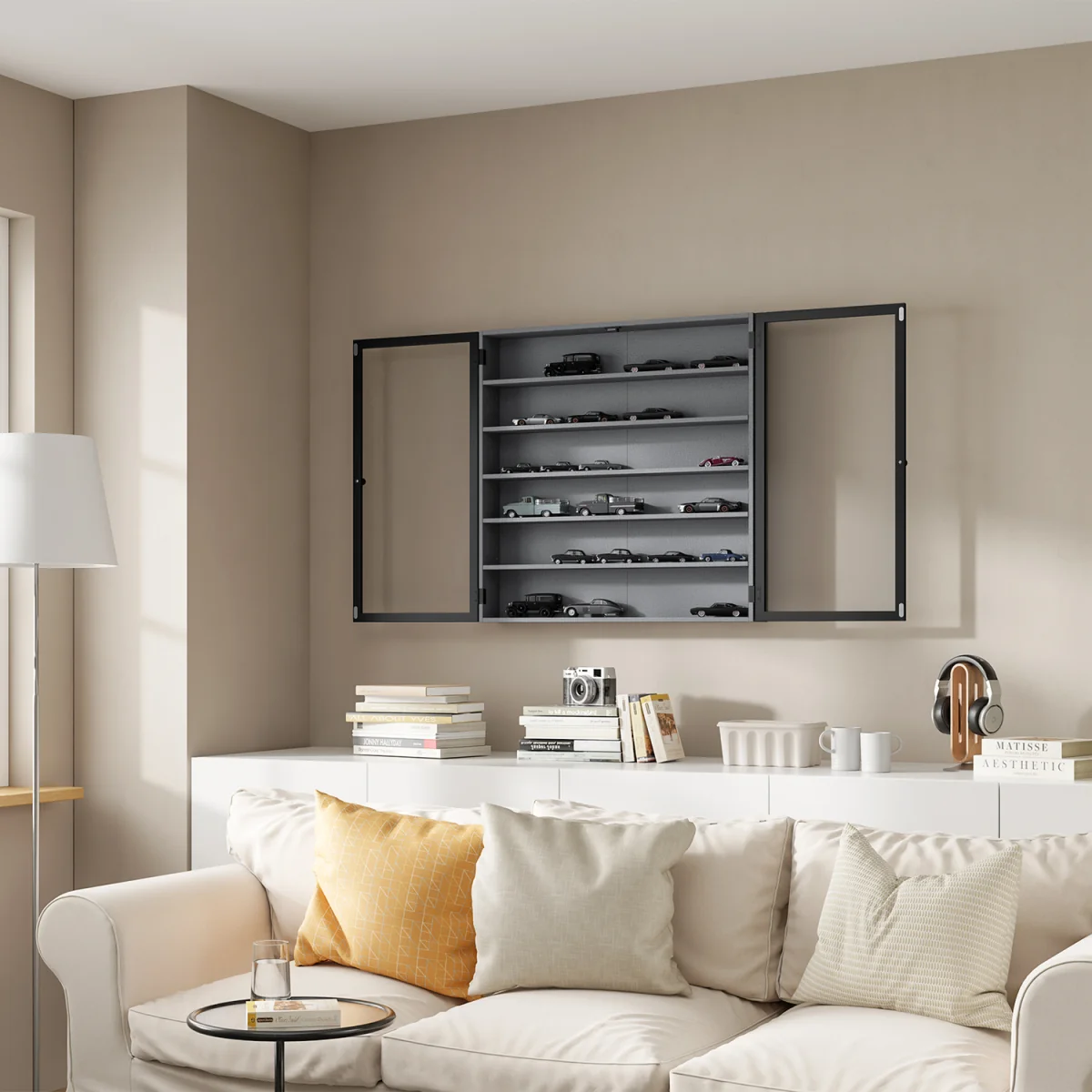 Wall Cabinet with Glass Doors and 5 Shelves - Gray – image 5