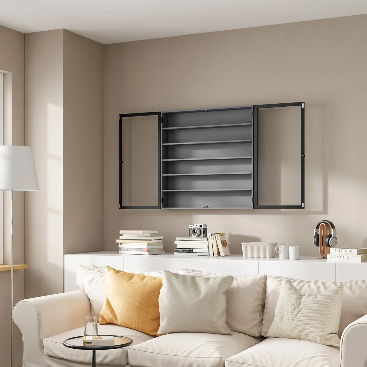 Wall Cabinet with Glass Doors and 5 Shelves - Gray – image 6