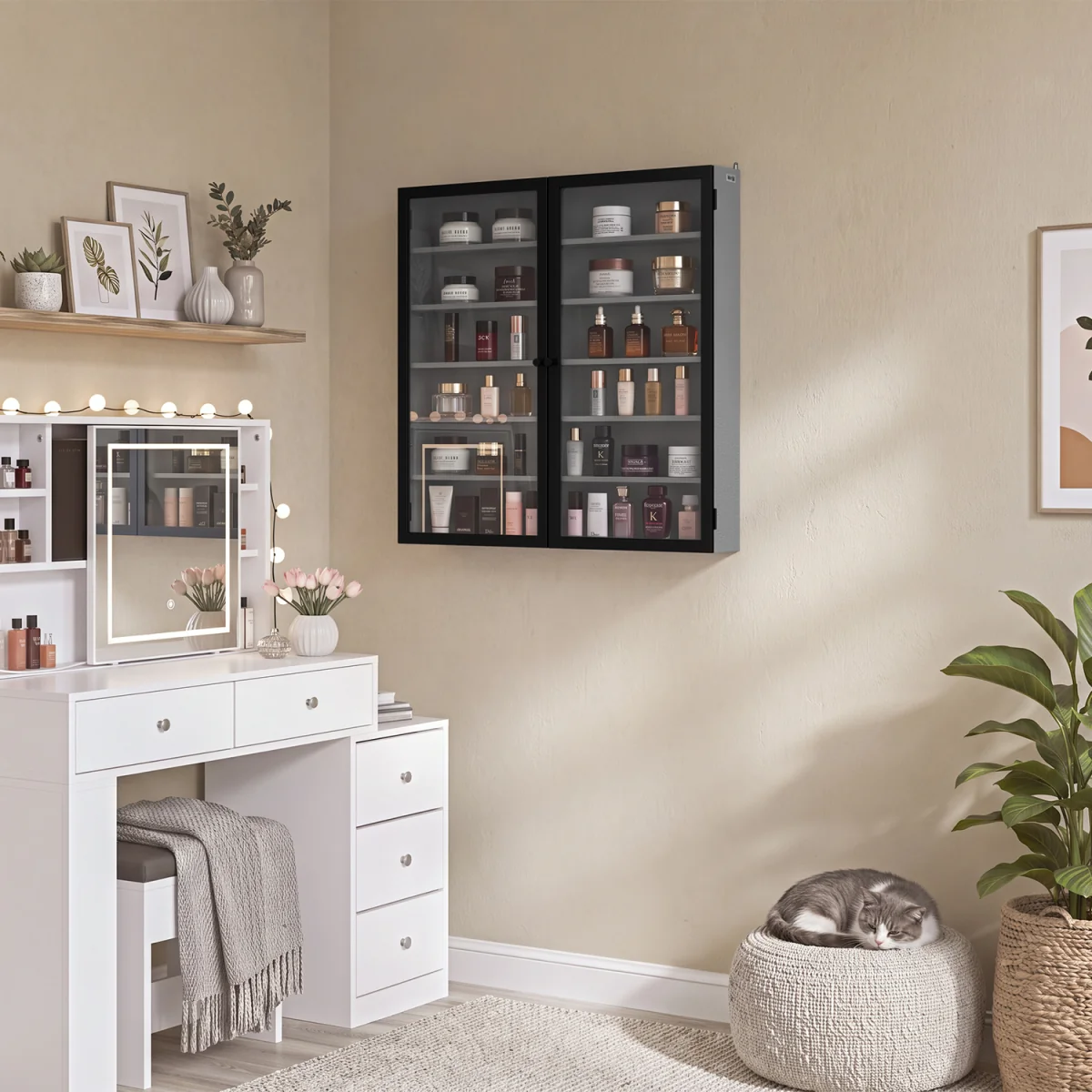 Wall Cabinet with Glass Doors and 5 Shelves - Gray – image 10