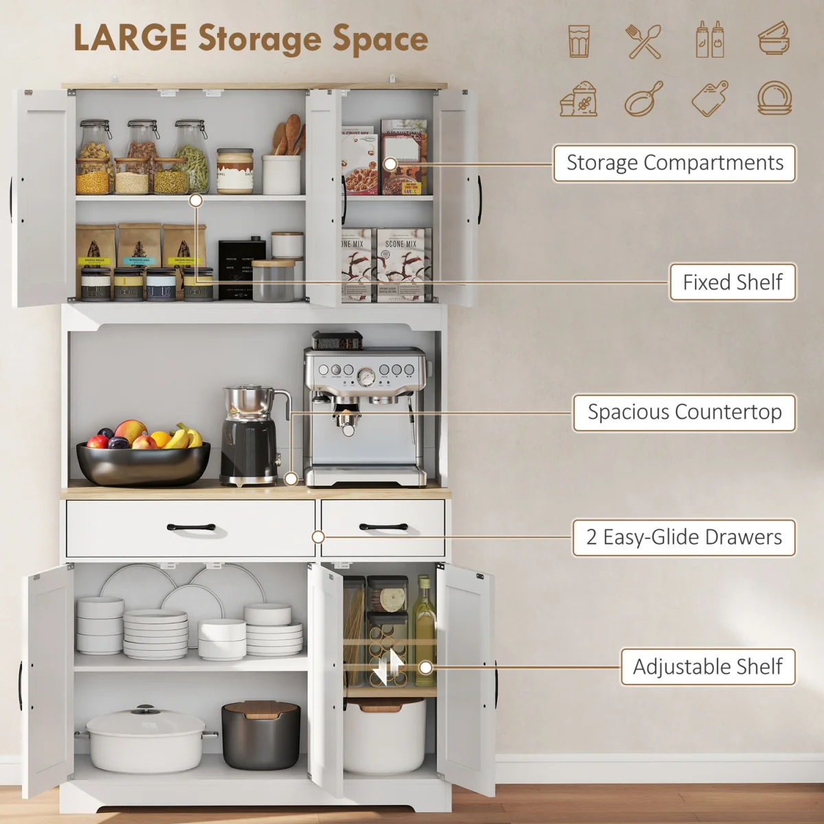 HOMCOM 175cm Tall Kitchen Pantry, Kitchen Cabinet w/ Drawers, Shelves, White - White – image 5