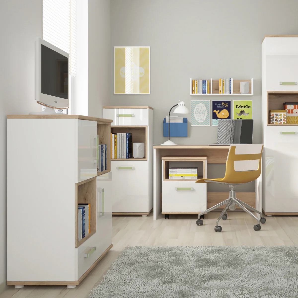 4KIDS 2 Door 1 Drawer Cupboard with 2 Open Shelves with Lemon Handles - Lemon – image 6